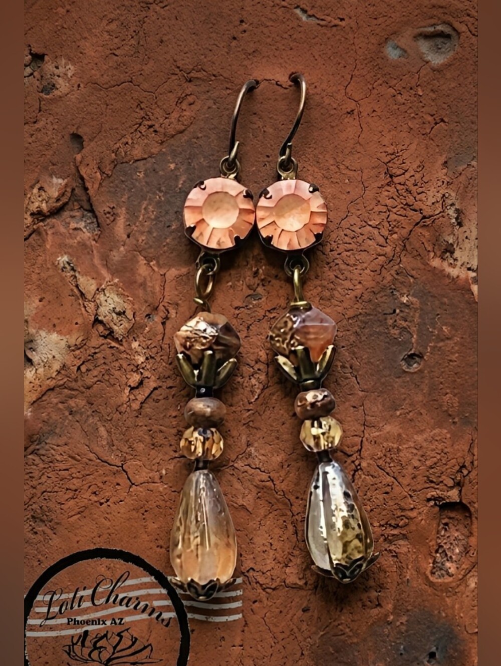 Victorian Frosty Pink Crystal & Gold-etched Rose In Glass Long Brass Earrings